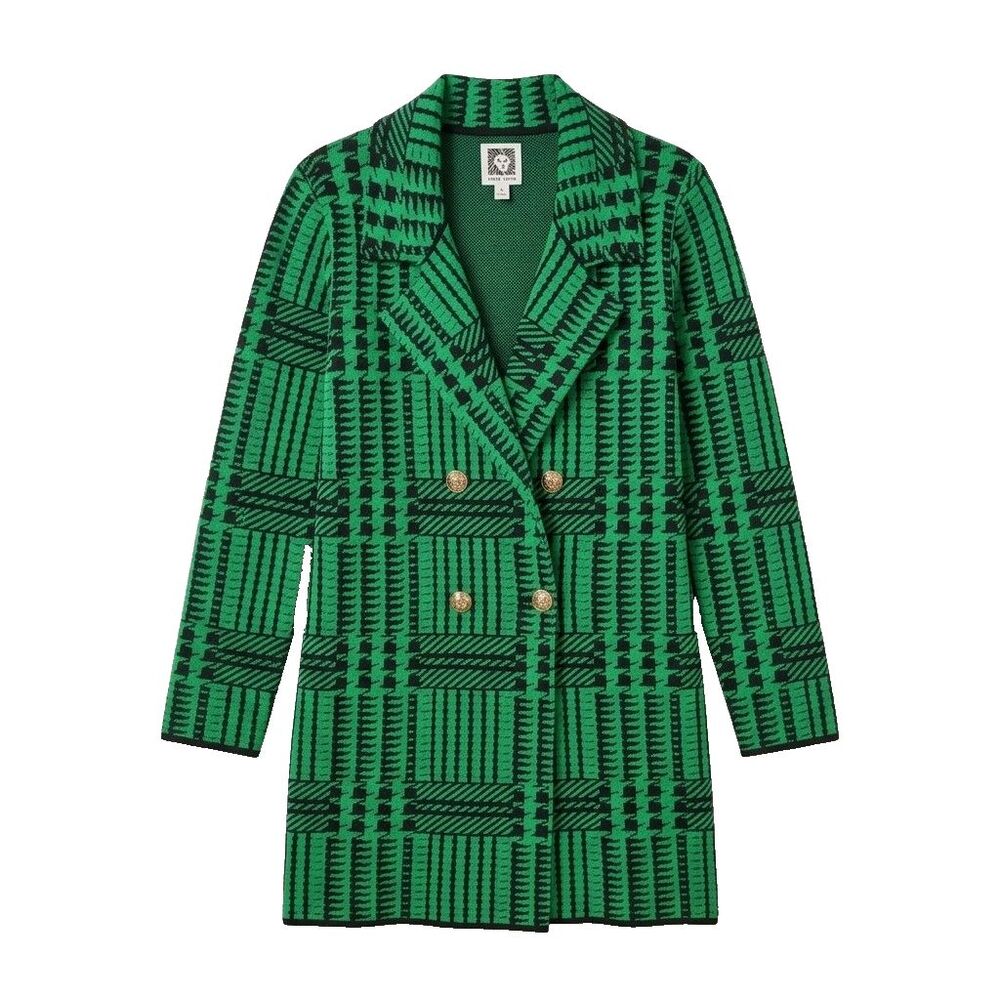 Anne Klein Green Plaid Long Cardigan Sweater Jacket Womens L Dbl Breasted Preppy
